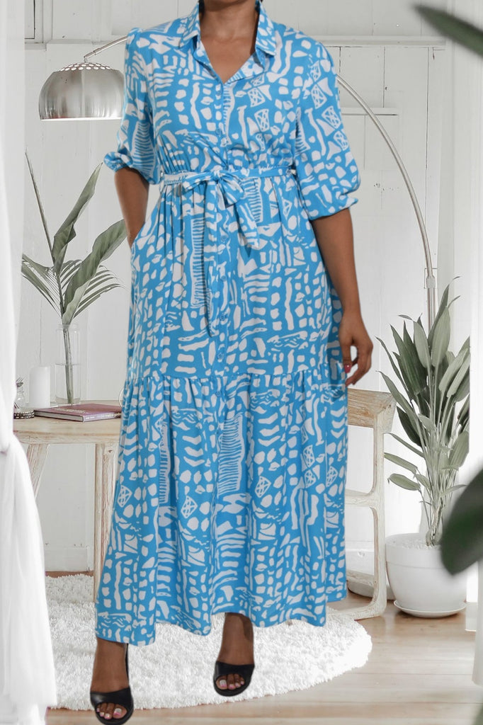 Blue Printed Pocket Maxi Dress - StylePhase SA