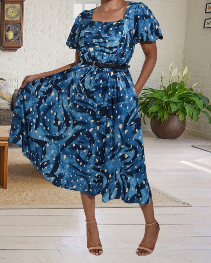 Blue Printed Puff Sleeve Pocket Dress - StylePhase SA