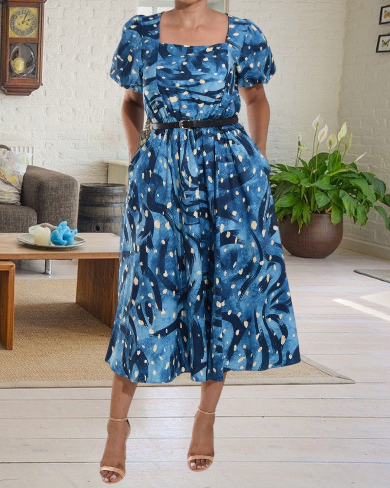 Blue Printed Puff Sleeve Pocket Dress - StylePhase SA