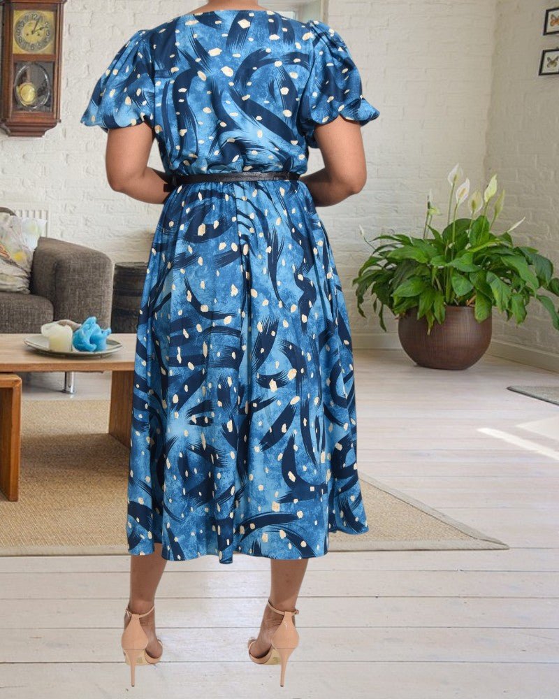 Blue Printed Puff Sleeve Pocket Dress - StylePhase SA