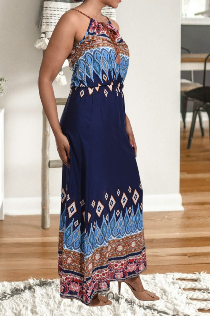 Blue Printed Strappy Maxi Tie Dress - StylePhase SA