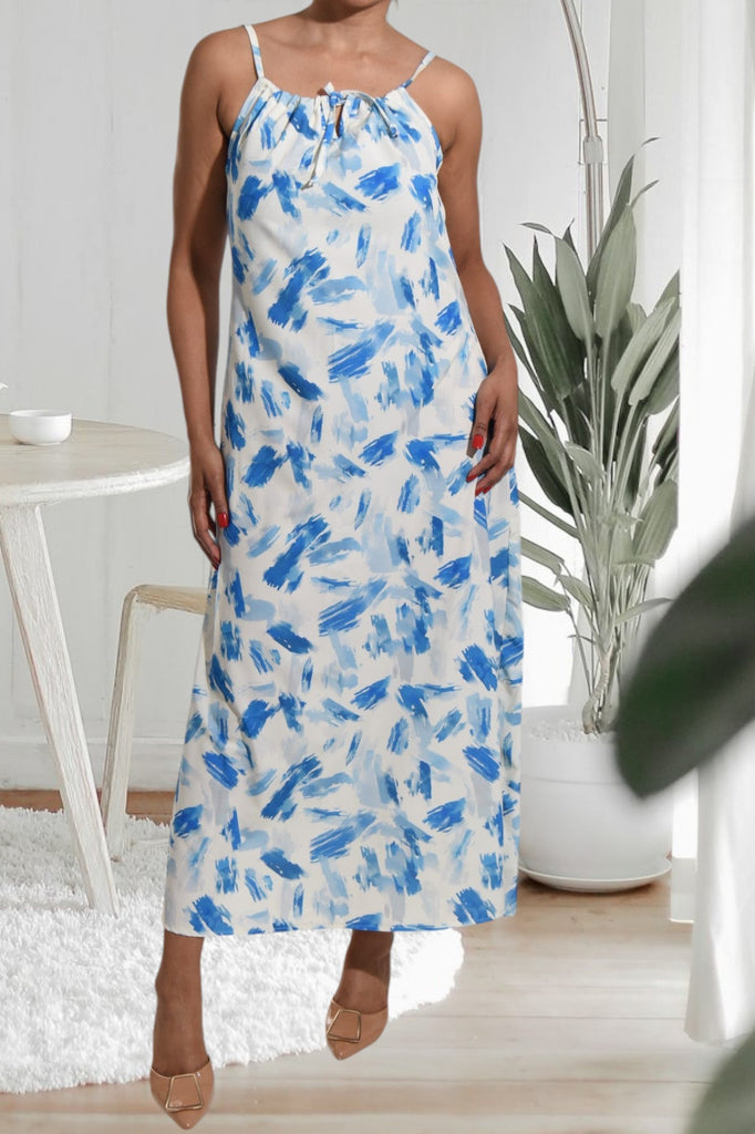 Blue Printed Strappy Maxi Tie Dress - StylePhase SA