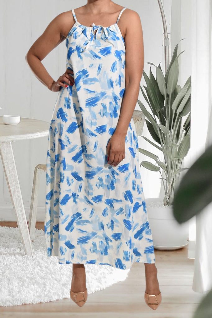 Blue Printed Strappy Maxi Tie Dress - StylePhase SA