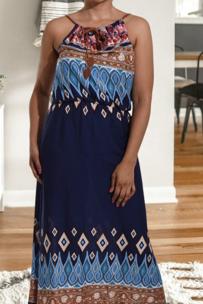 Blue Printed Strappy Maxi Tie Dress - StylePhase SA