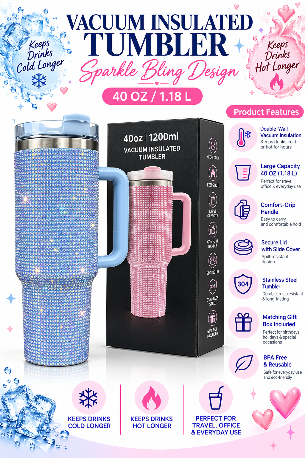 Blue sparkle bling 40 oz vacuum insulated tumbler product features