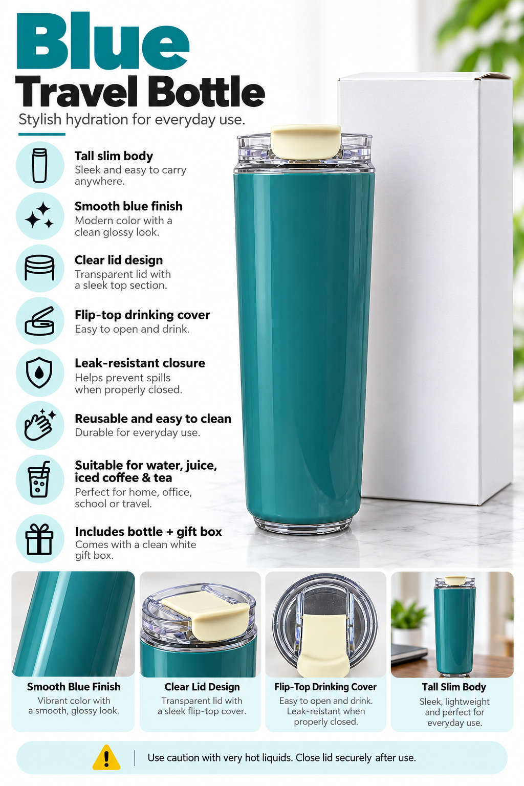 Blue travel bottle product features and details