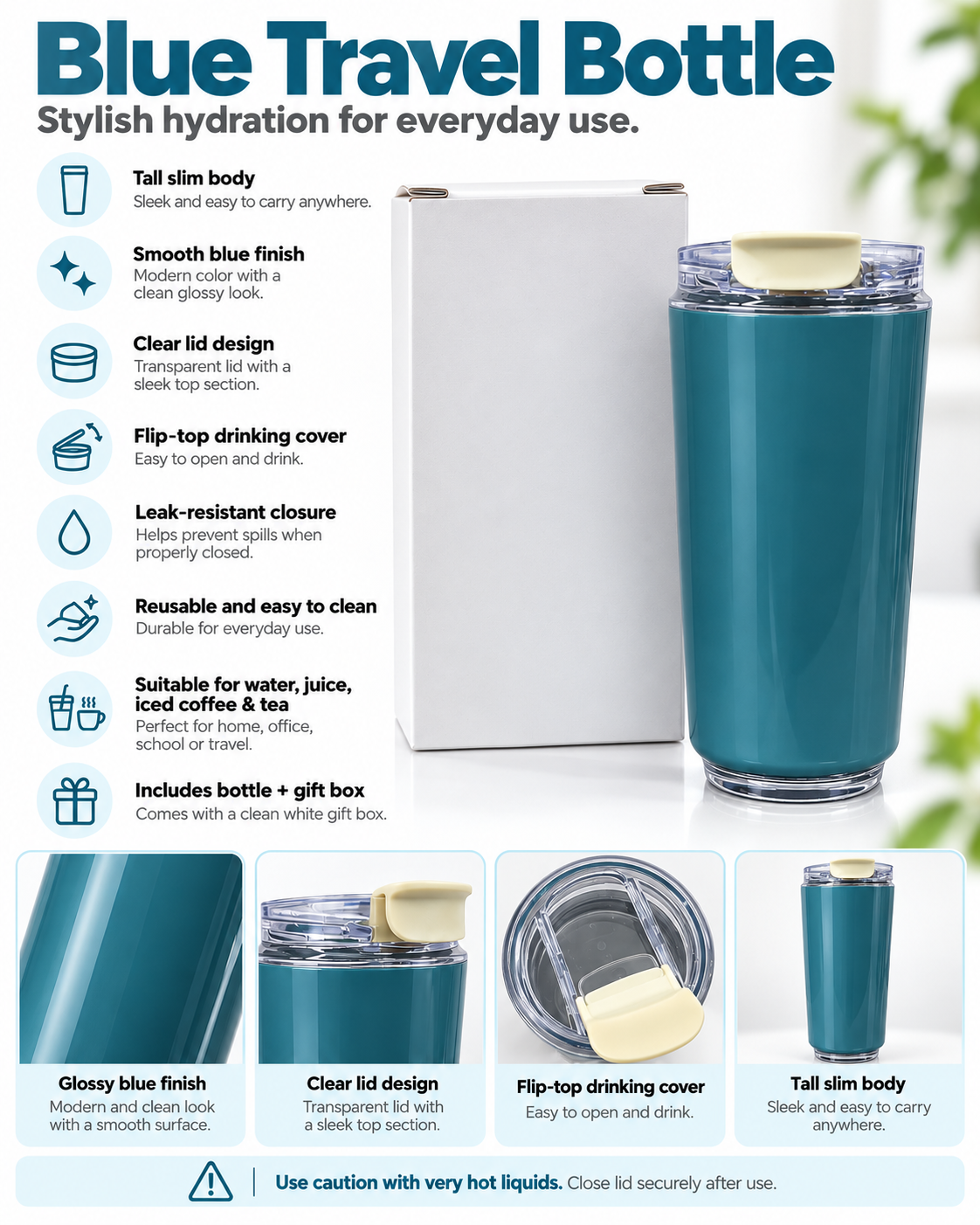Blue travel bottle product features and details