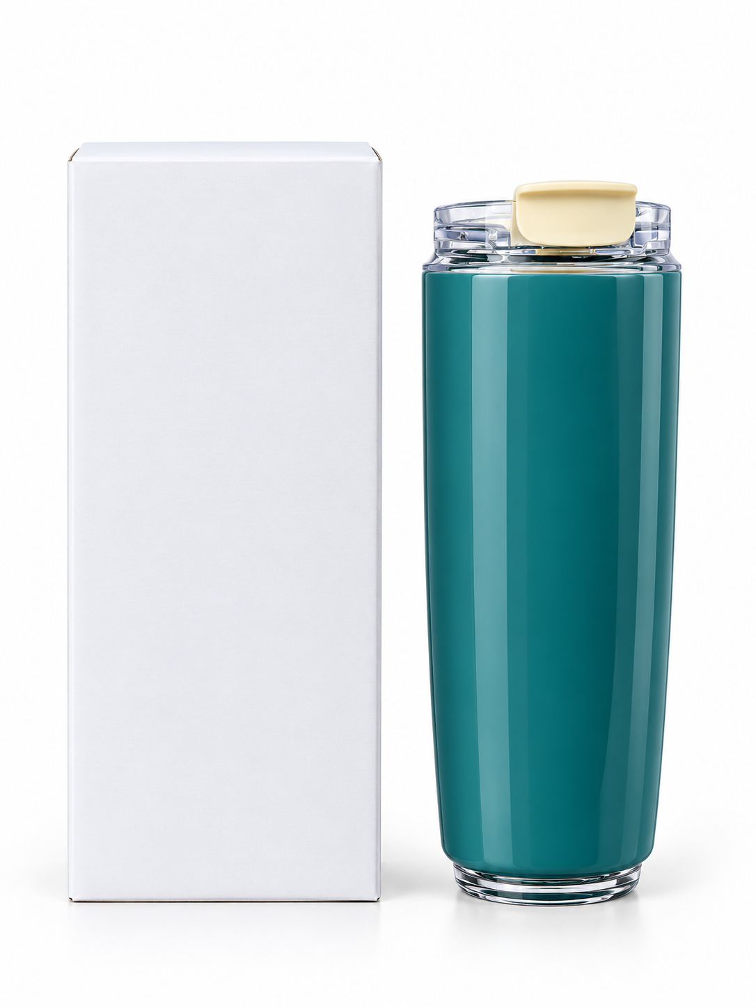 Blue travel bottle with clear flip-top lid and gift box