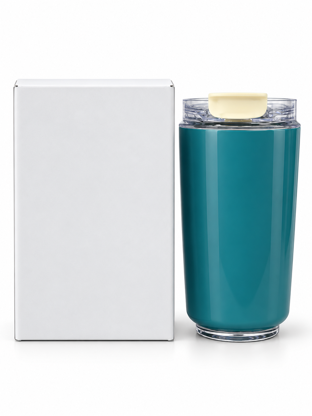 Blue travel bottle with clear flip-top lid and gift box
