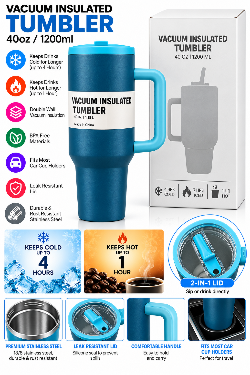 Blue 40oz vacuum insulated tumbler with box