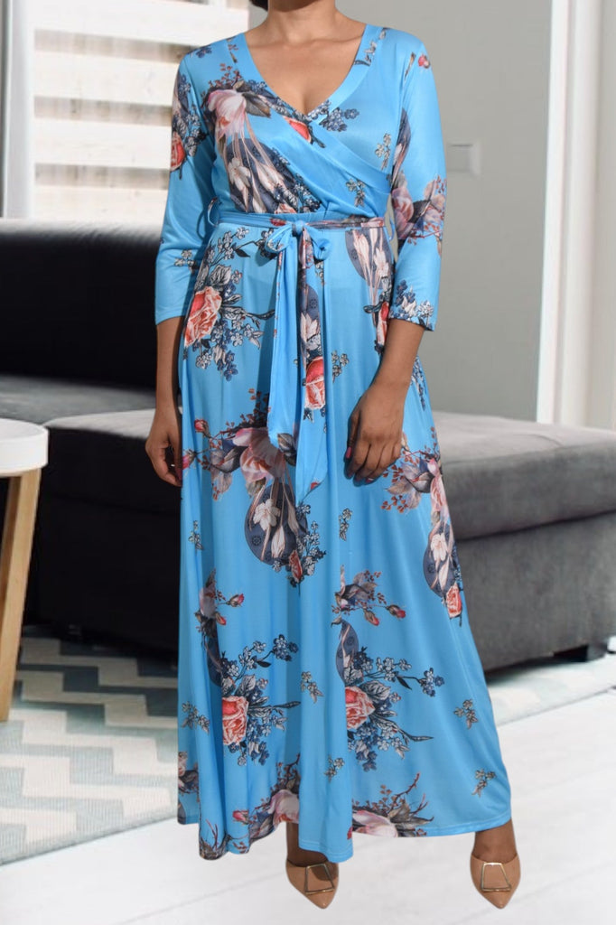 Blue V Neck Floral Maxi Dress - StylePhase SA