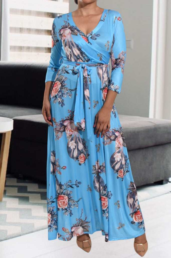 Blue V Neck Floral Maxi Dress - StylePhase SA