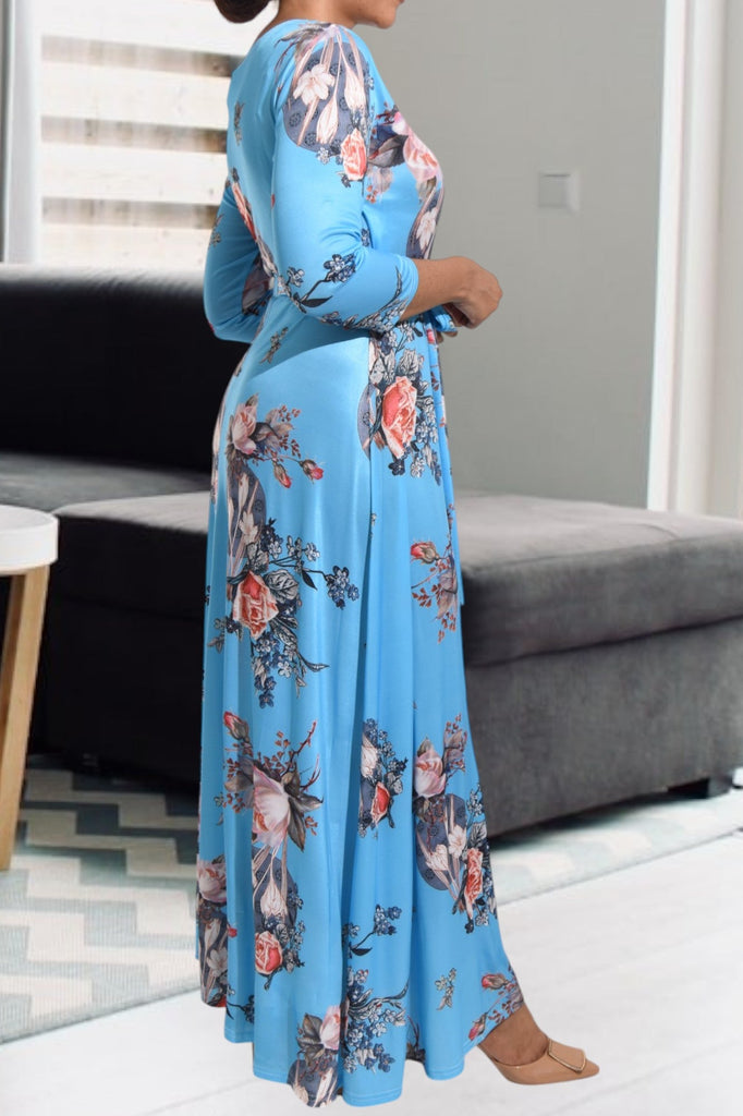 Blue V Neck Floral Maxi Dress - StylePhase SA