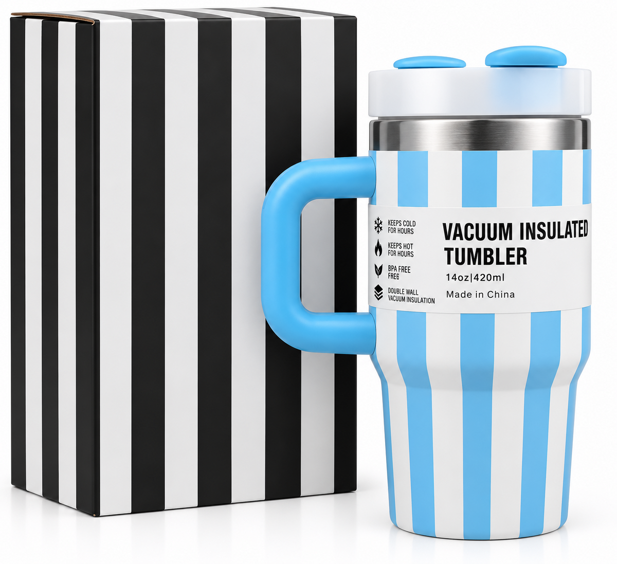 Blue and white striped 420ml tumbler and packaging