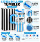 Blue and white striped vacuum insulated tumbler features