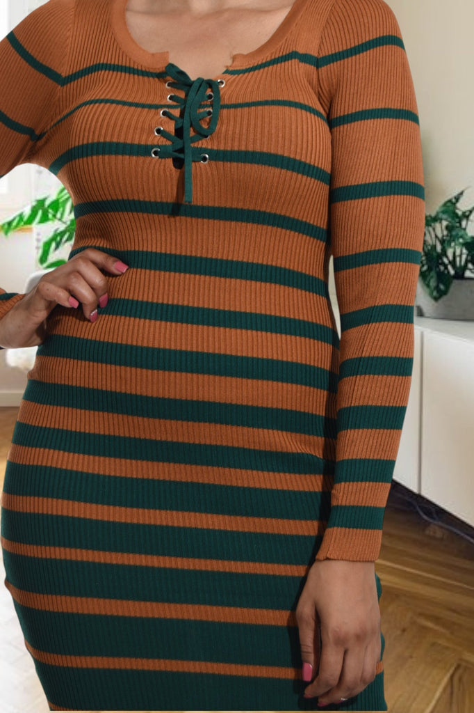 Brown and Green Stripe Bodycon Knit Dress - StylePhase SA