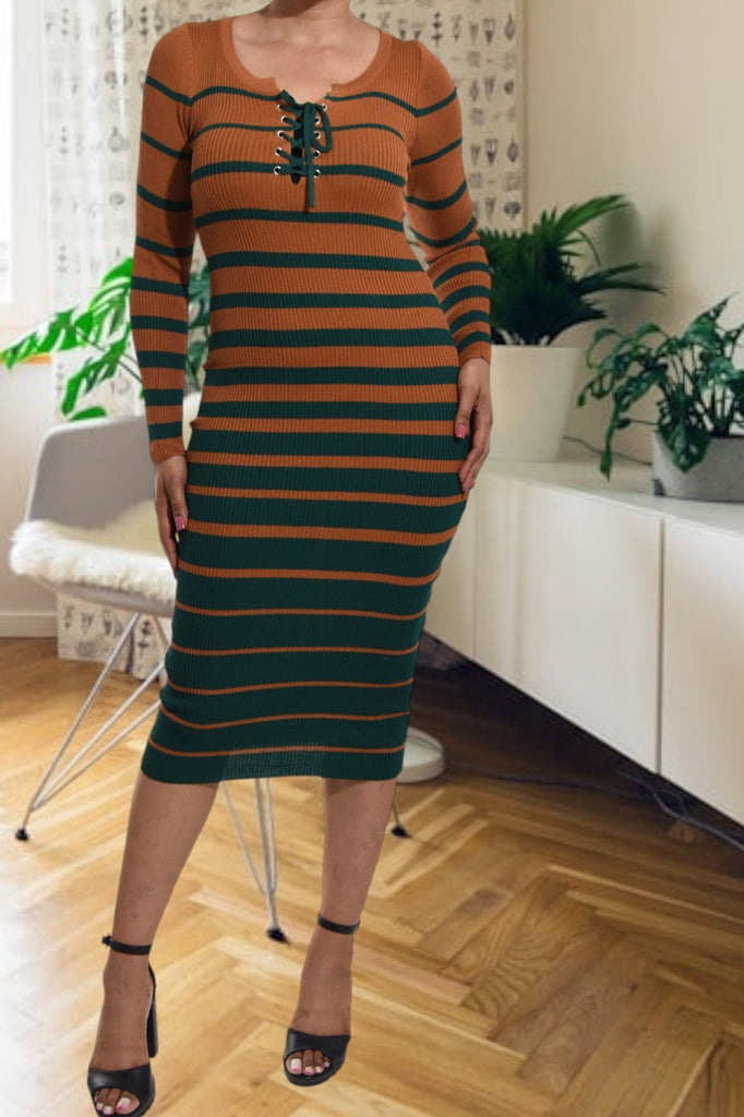 Brown and Green Stripe Bodycon Knit Dress - StylePhase SA