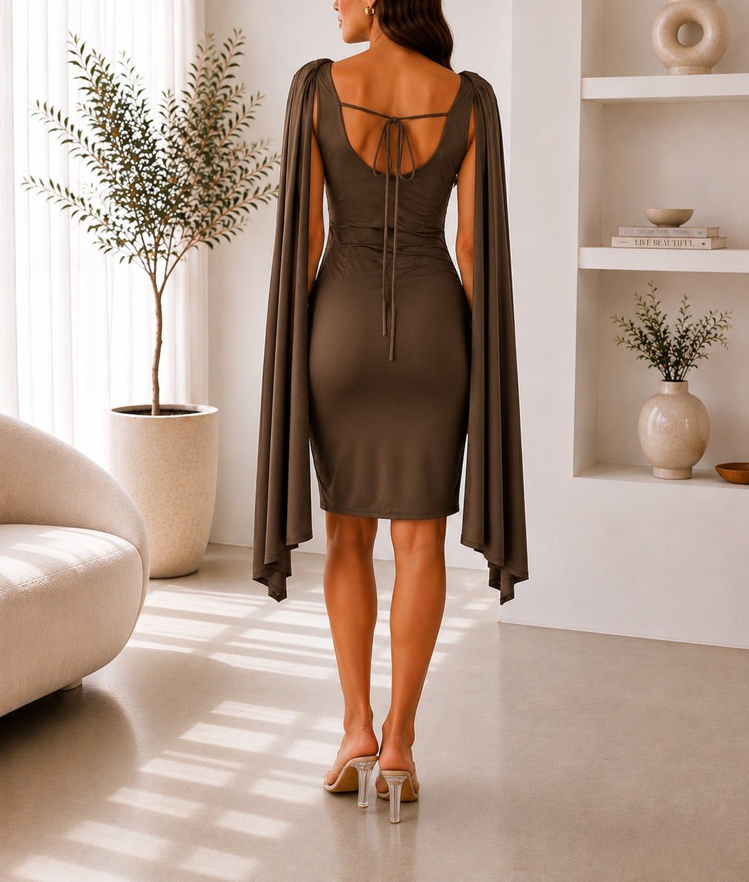 Brown Cape Sleeve Mini Dress- New Feeling - StylePhase SA