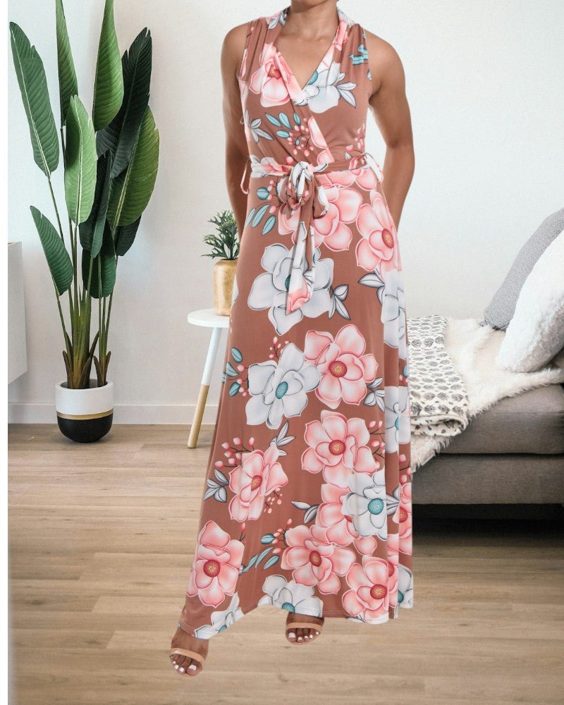 Brown Floral Sleeveless Maxi Dress - StylePhase SA