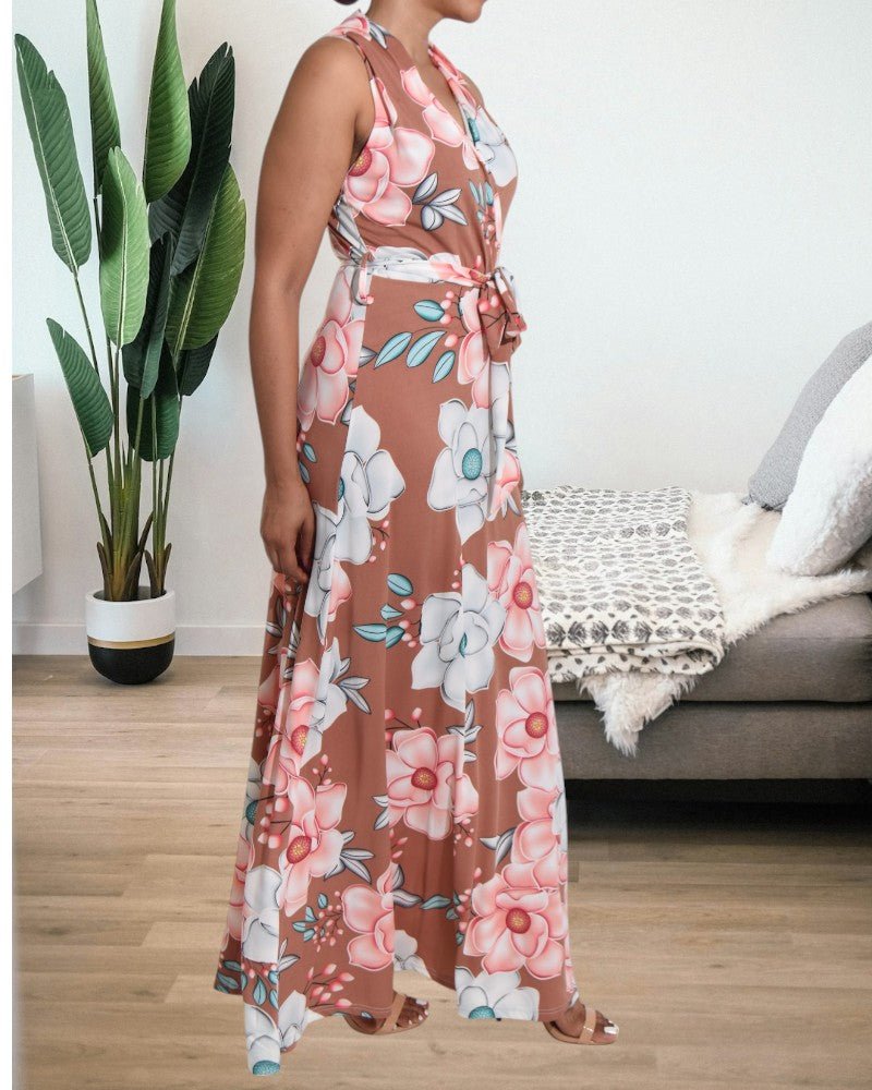 Brown Floral Sleeveless Maxi Dress - StylePhase SA