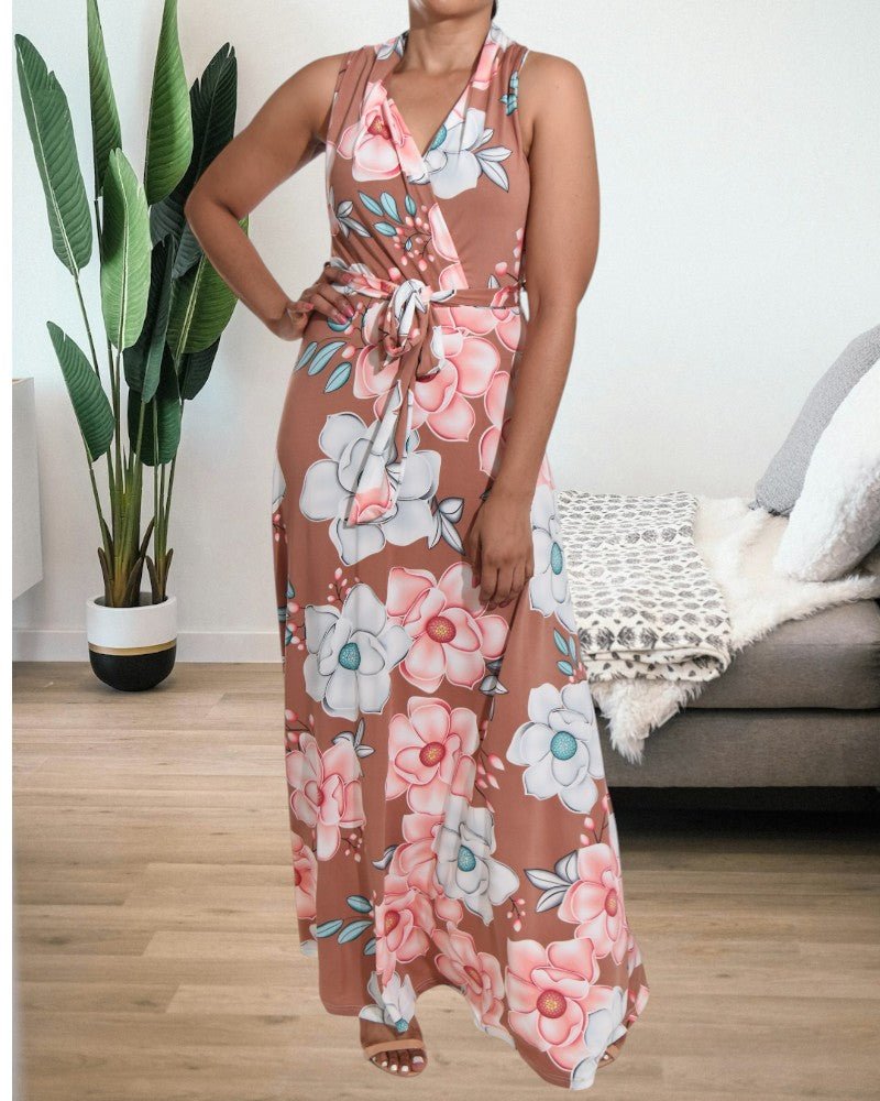 Brown Floral Sleeveless Maxi Dress - StylePhase SA