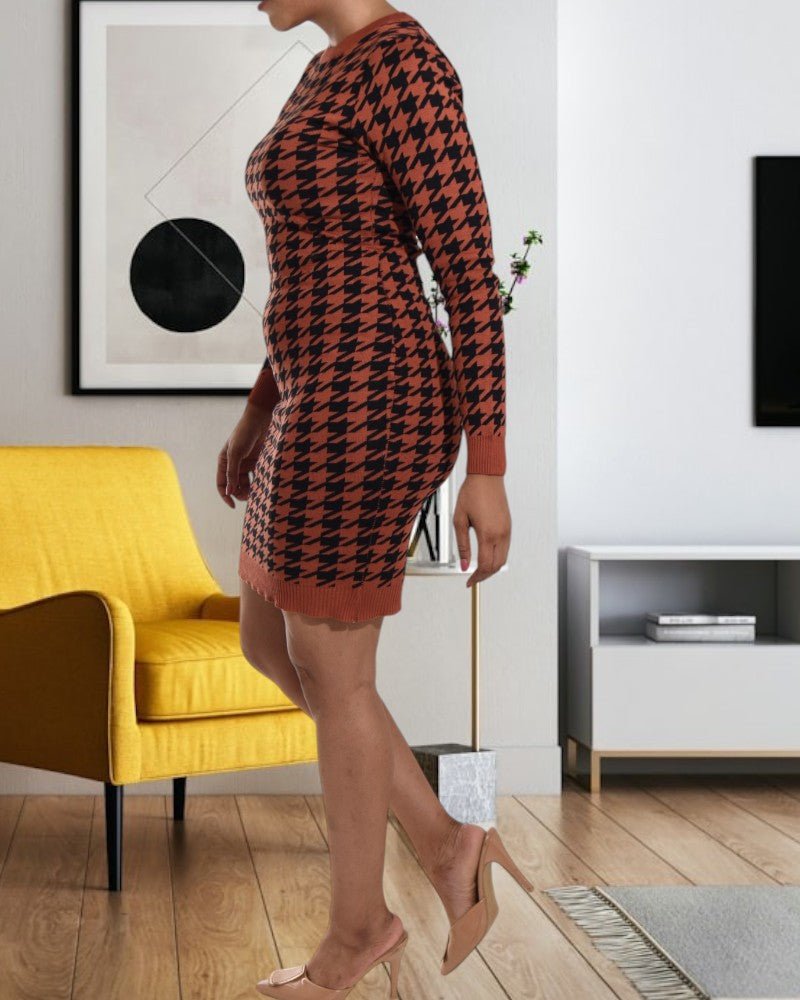 Brown Houndstooth Back Out Dress - StylePhase SA