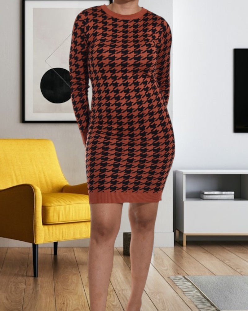 Brown Houndstooth Back Out Dress - StylePhase SA