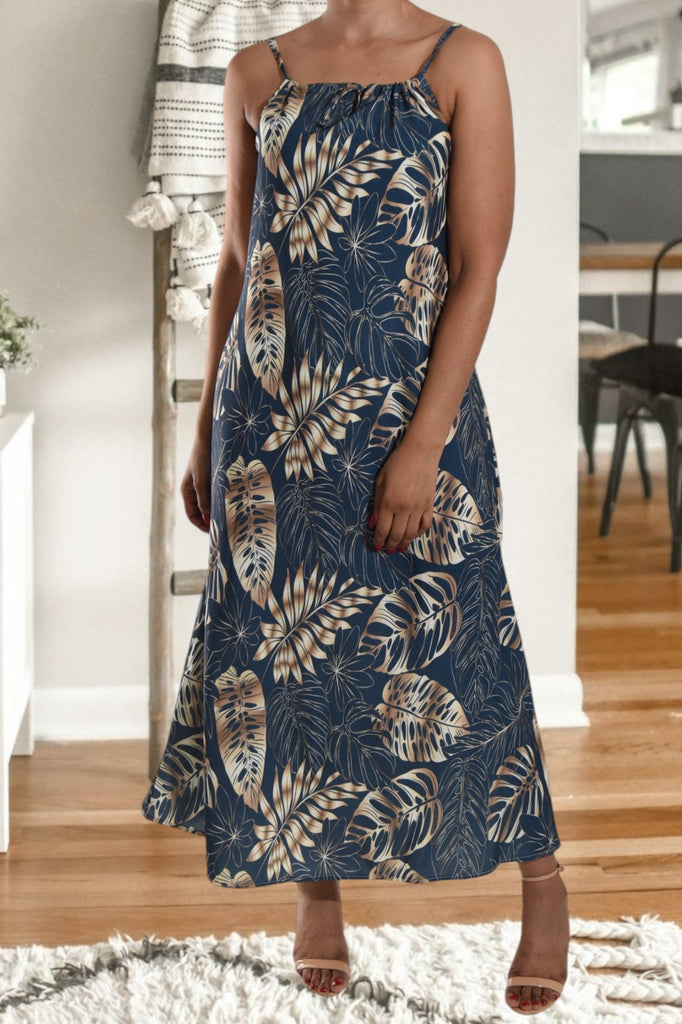 Brown Leaf Strappy Maxi Tie Dress - StylePhase SA