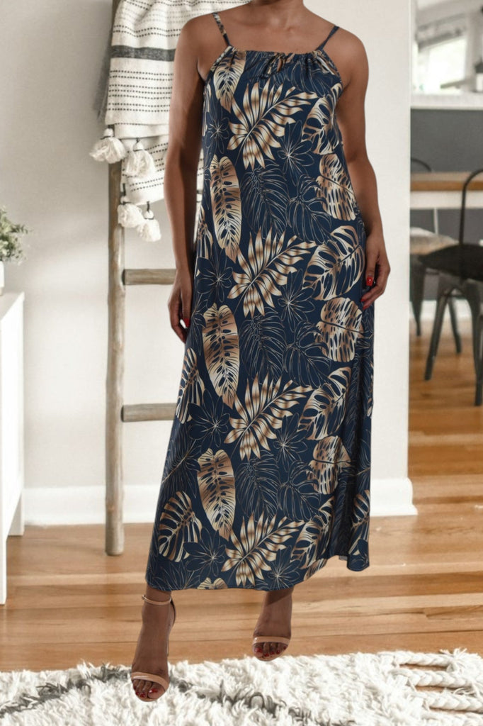 Brown Leaf Strappy Maxi Tie Dress - StylePhase SA