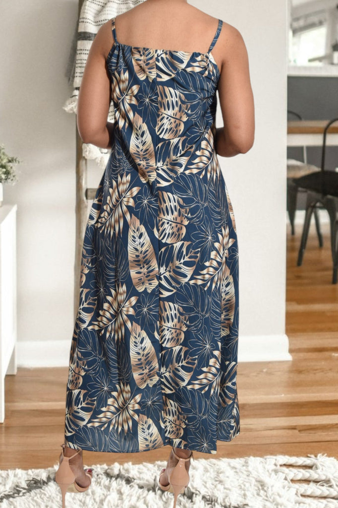 Brown Leaf Strappy Maxi Tie Dress - StylePhase SA