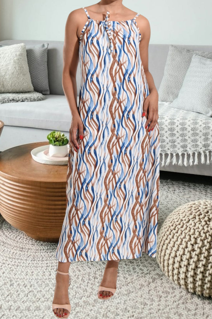 Brown Pattern Strappy Maxi Tie Dress - StylePhase SA