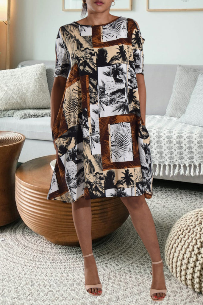 Brown Printed Tunic Pocket Dress - StylePhase SA