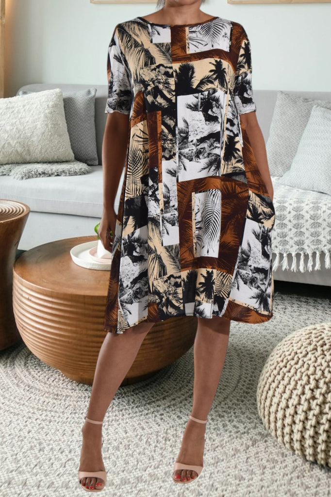 Brown Printed Tunic Pocket Dress - StylePhase SA