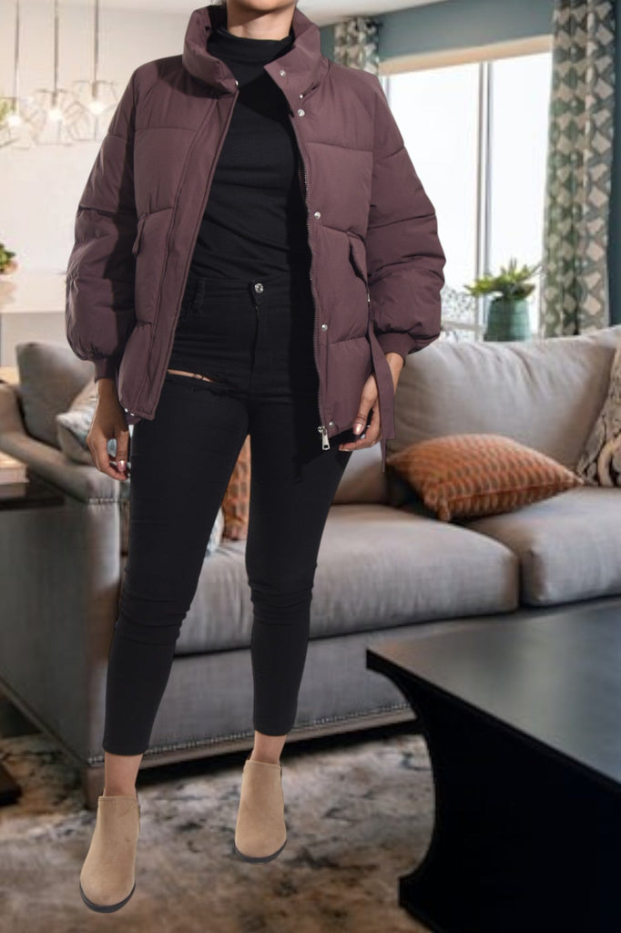 Brown Tie Puffer Jacket - StylePhase SA