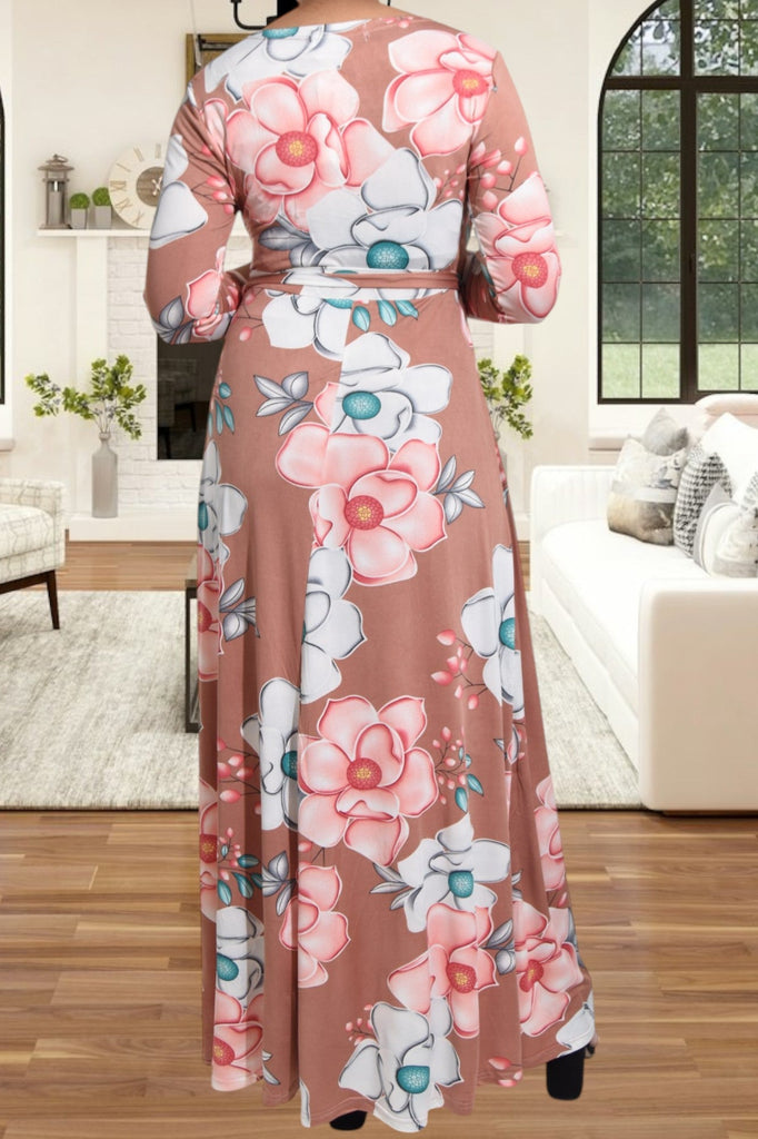 Brown V Neck Floral Maxi Dress - StylePhase SA