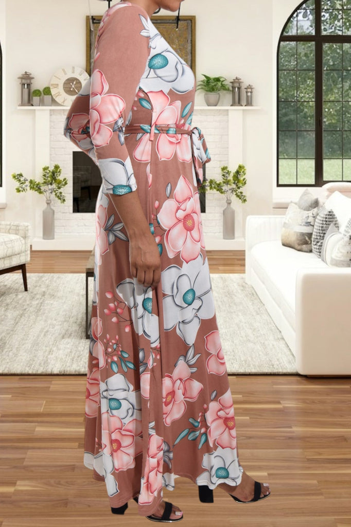 Brown V Neck Floral Maxi Dress - StylePhase SA