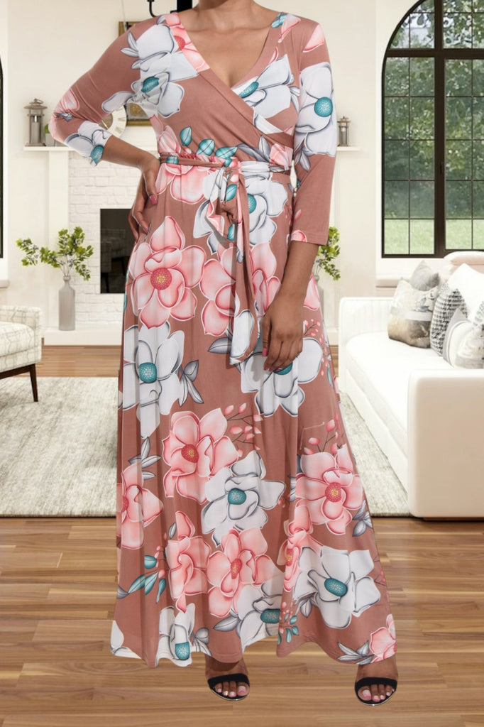 Brown V Neck Floral Maxi Dress - StylePhase SA