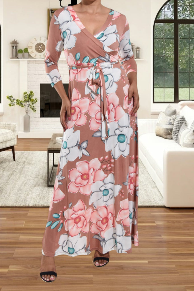 Brown V Neck Floral Maxi Dress - StylePhase SA