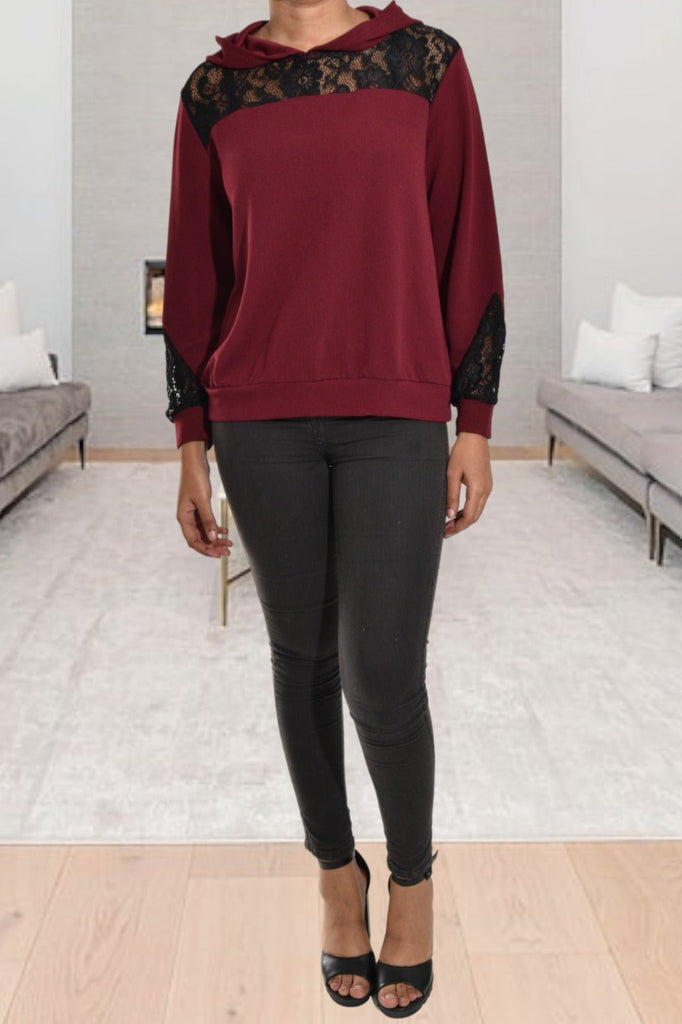 Burgundy Lace Hoody Top - StylePhase SA