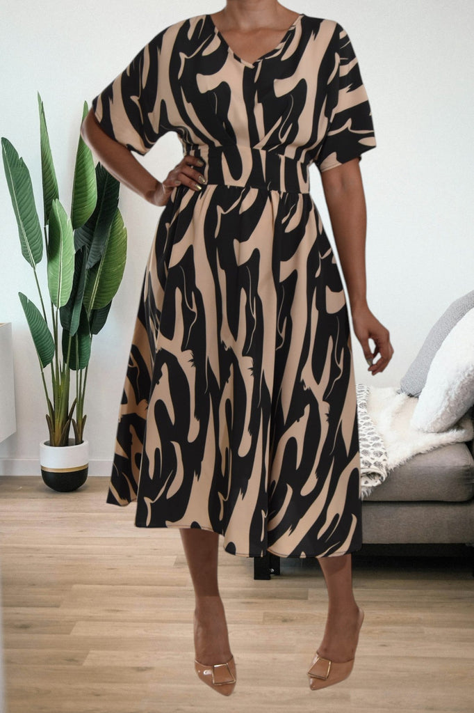 Butterfly Sleeve Black And Brown Dress - StylePhase SA