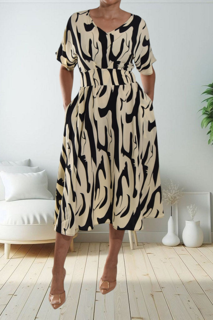 Butterfly Sleeve Black And Cream Dress - StylePhase SA