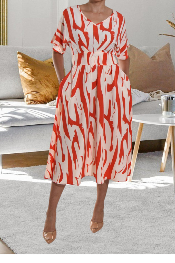 Butterfly Sleeve Cream And Orange Dress - StylePhase SA