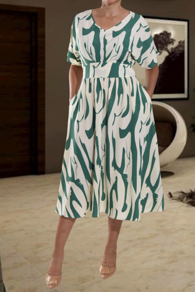 Butterfly Sleeve Green And Cream Dress - StylePhase SA