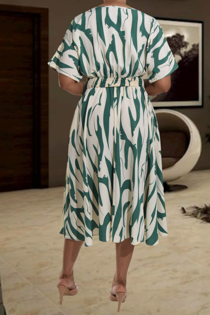 Butterfly Sleeve Green And Cream Dress - StylePhase SA