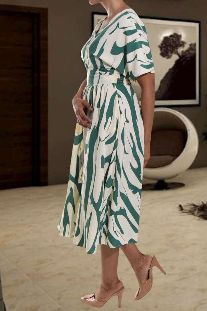 Butterfly Sleeve Green And Cream Dress - StylePhase SA