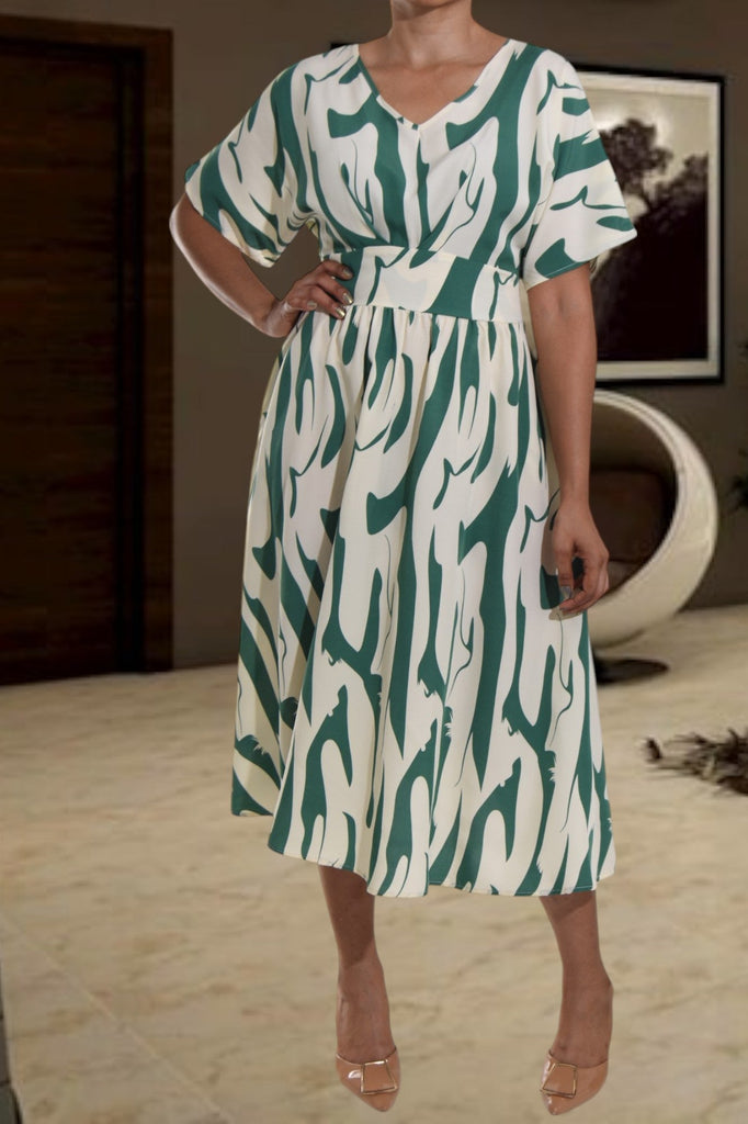 Butterfly Sleeve Green And Cream Dress - StylePhase SA