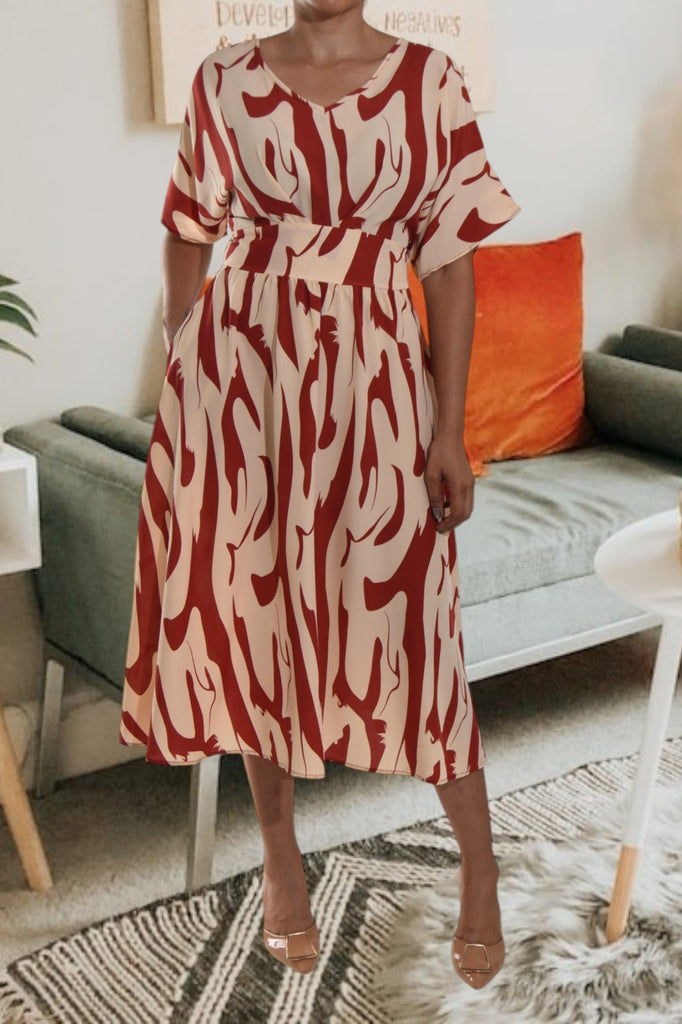 Butterfly Sleeve Rust And Cream Dress - StylePhase SA