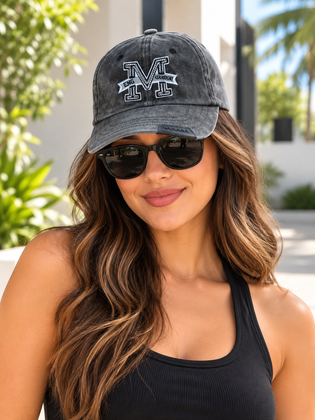 Charcoal grey vintage washed M embroidered baseball cap on female model