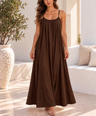 Chocolate brown strappy draped maxi dress front view