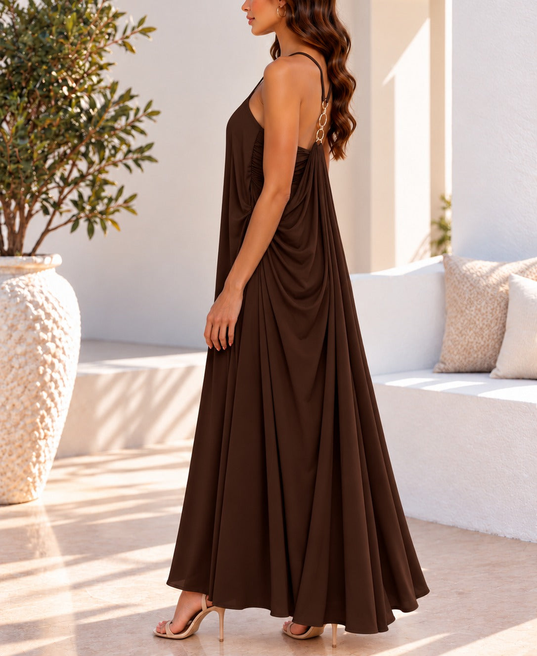 Chocolate brown strappy draped maxi dress side view